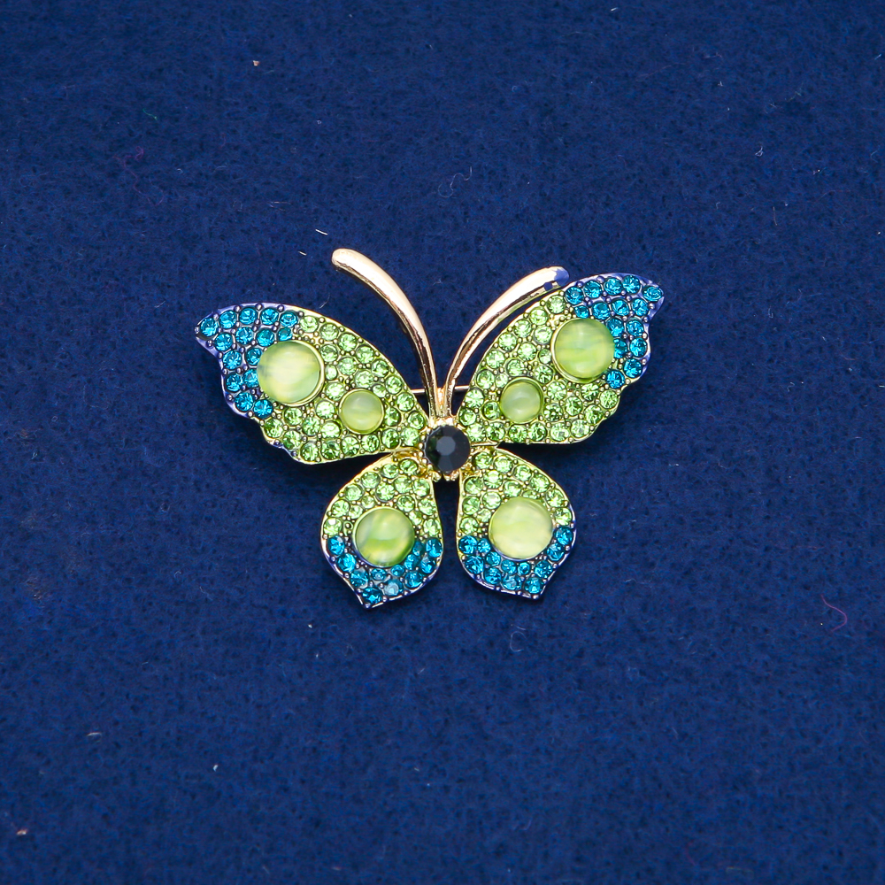 Butterfly Brooch in gold-toned metal, green and blue rhinestones, beads 34x50 mm +