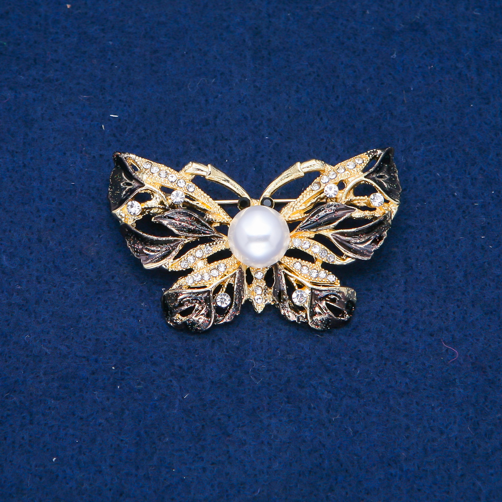 Butterfly Brooch in Gold-Toned Metal, Black Enamel, White Crystals and Pearl Bead, 46x30mm