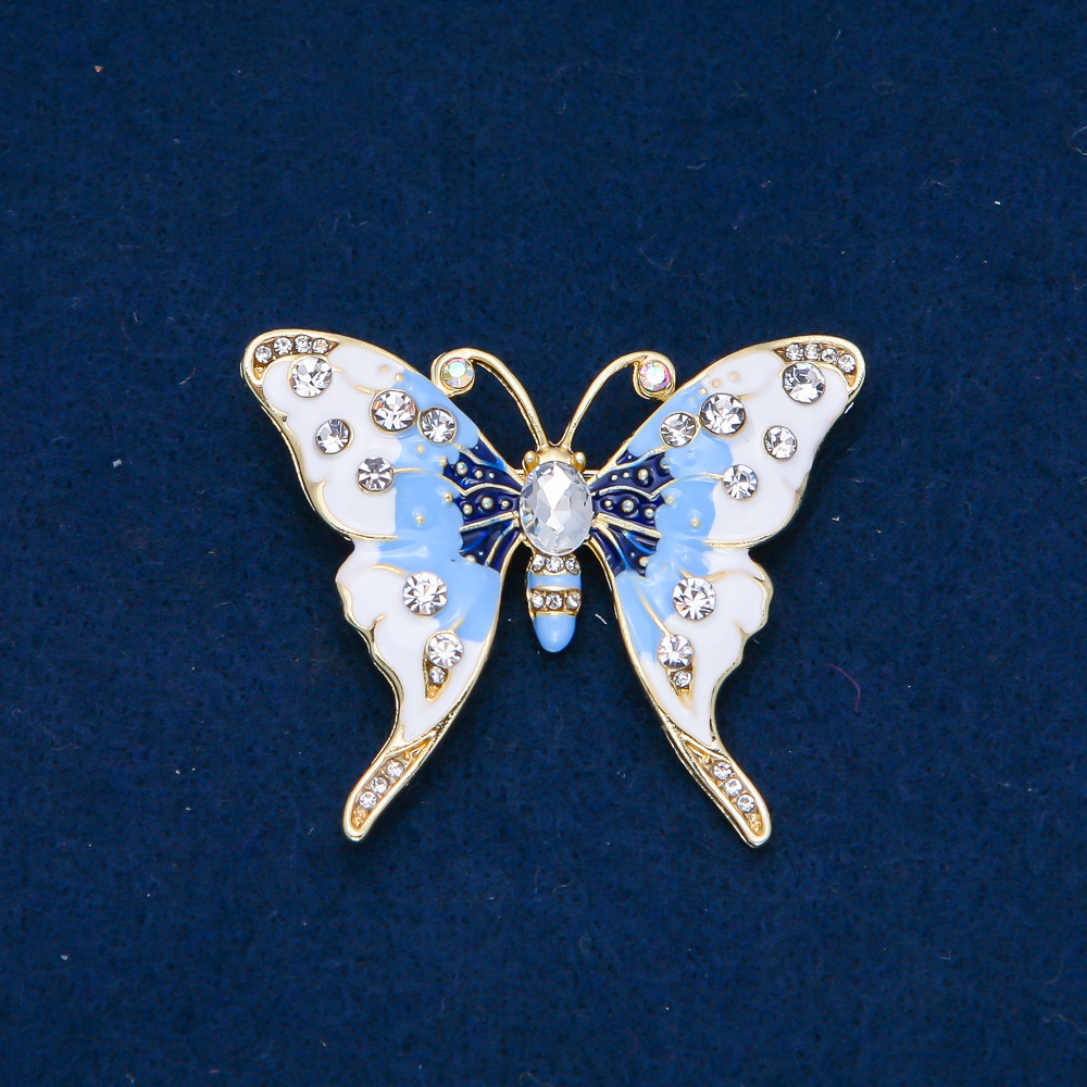 Butterfly Brooch in Gold-Tone Metal, Enamel, and White and Petrol Crystals, 52x42 mm +