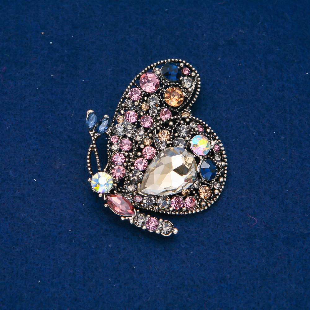 Butterfly brooch in golden metal, multicolored rhinestones and crystals, 43×48 mm +