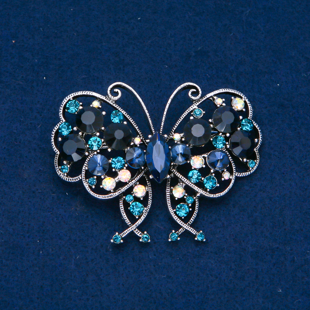Butterfly Brooch, Silver-Tone Metal with Blue, White, and Petrol Crystals, 61x48 mm