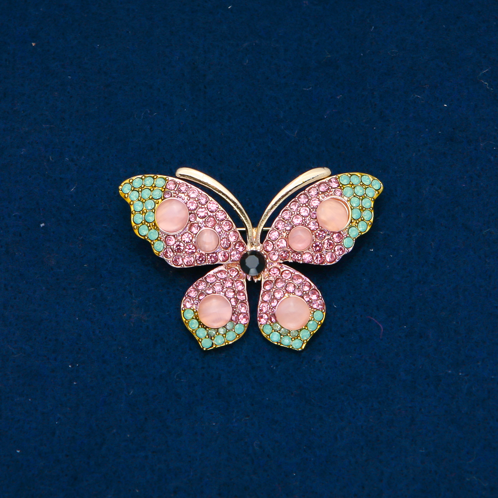 Butterfly Brooch, gold-toned metal, pink and turquoise rhinestones and pink beads 34×48mm +