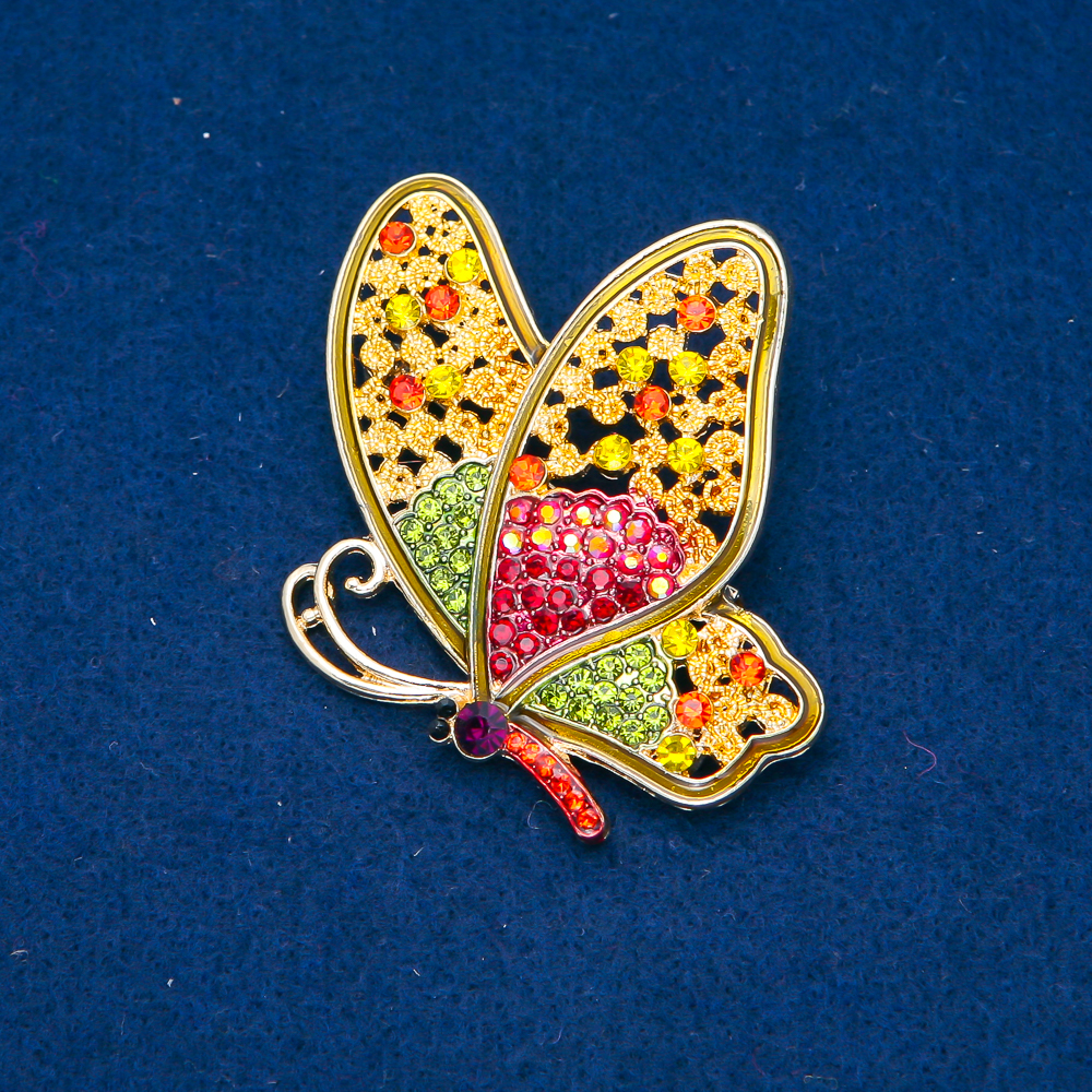Butterfly Brooch in Gold-Toned Metal with Multicolored Rhinestones, 58x52 mm