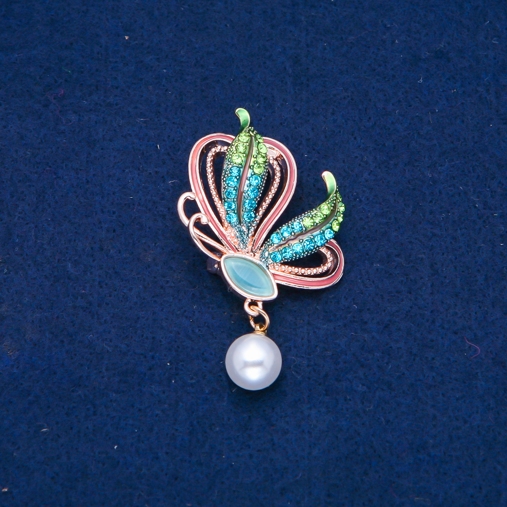Butterfly Brooch, golden metal, enamel, bead, and green and blue rhinestones, 35×40 mm +