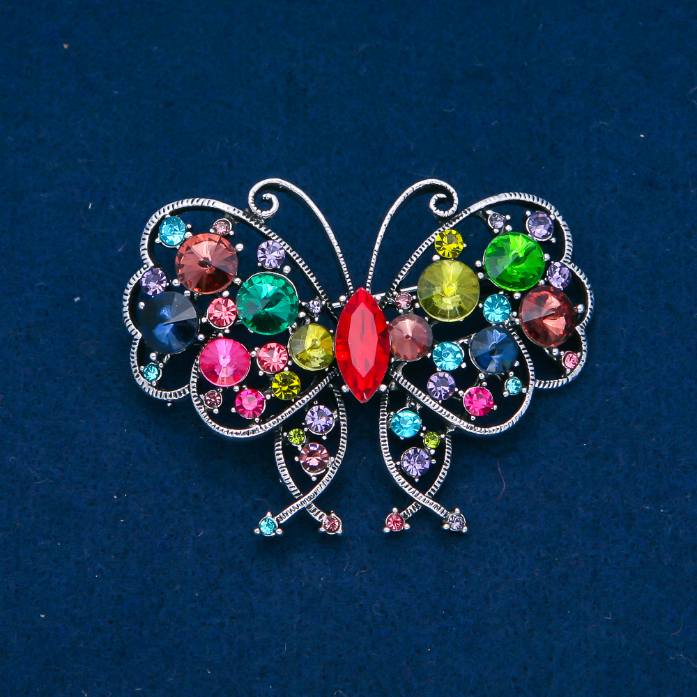 Butterfly Brooch, silver-tone metal, multicolored rhinestones, 48x60mm