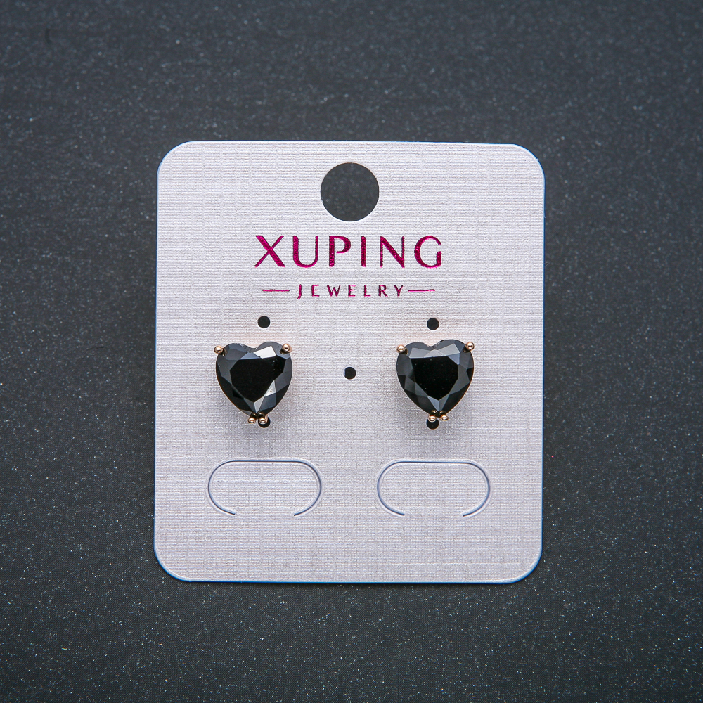 Heart Earrings by Xuping - Heart Stud Earrings, 18K Gold Plating with Black Crystal, 9mm Diameter +