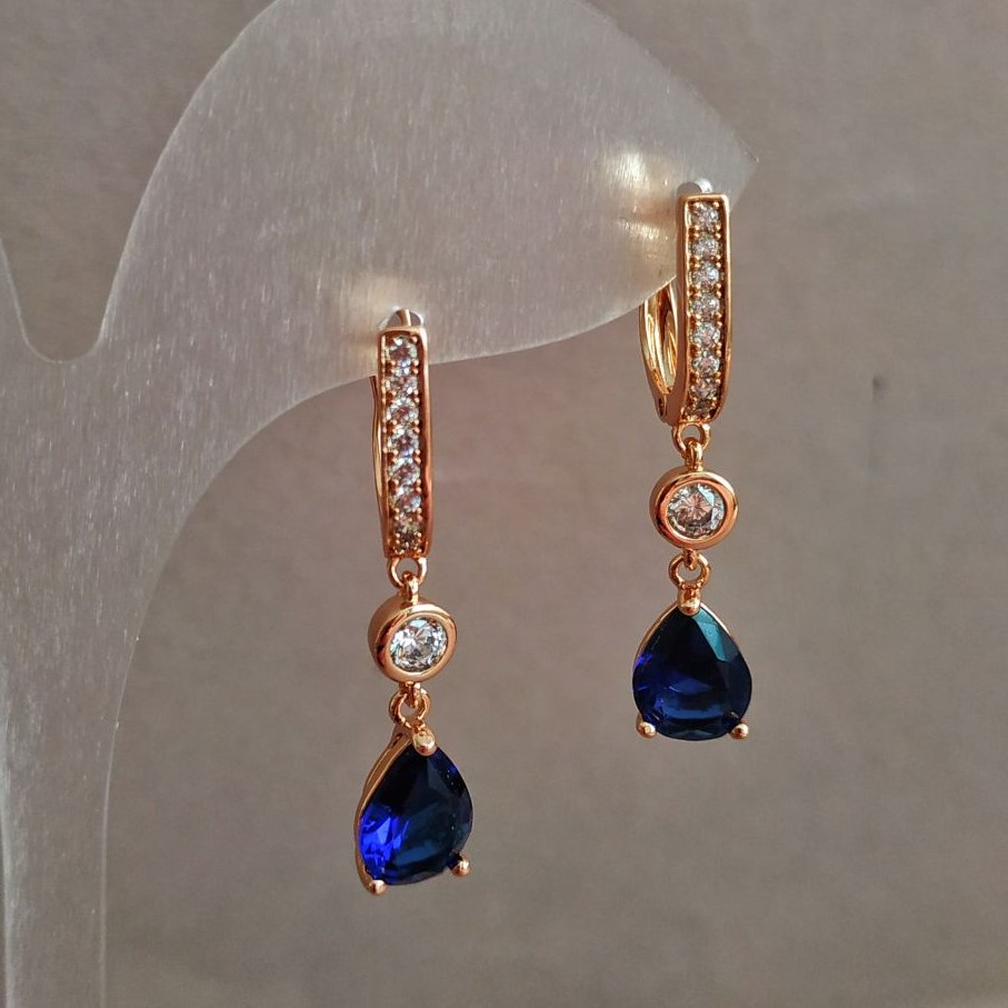 Earrings Xuping 18K Gold Plating with White Crystals and Dark Blue Crystal, Diameter 7 mm + -, Length 33 mm +
