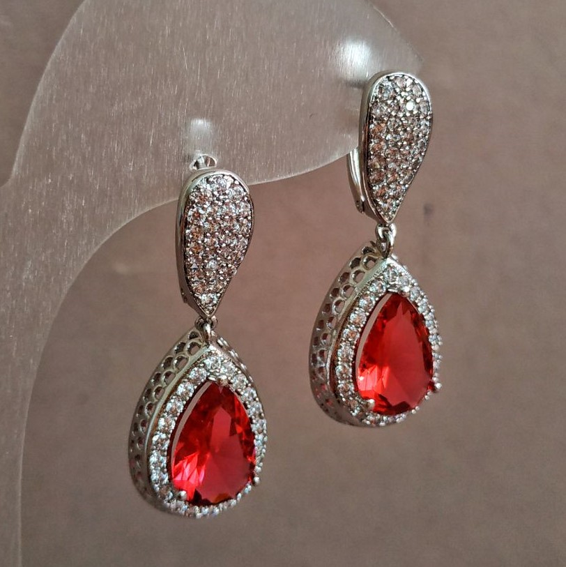 Earrings Xuping Rhodium with White Rhinestones and Red Crystal, diameter 35x14 mm +