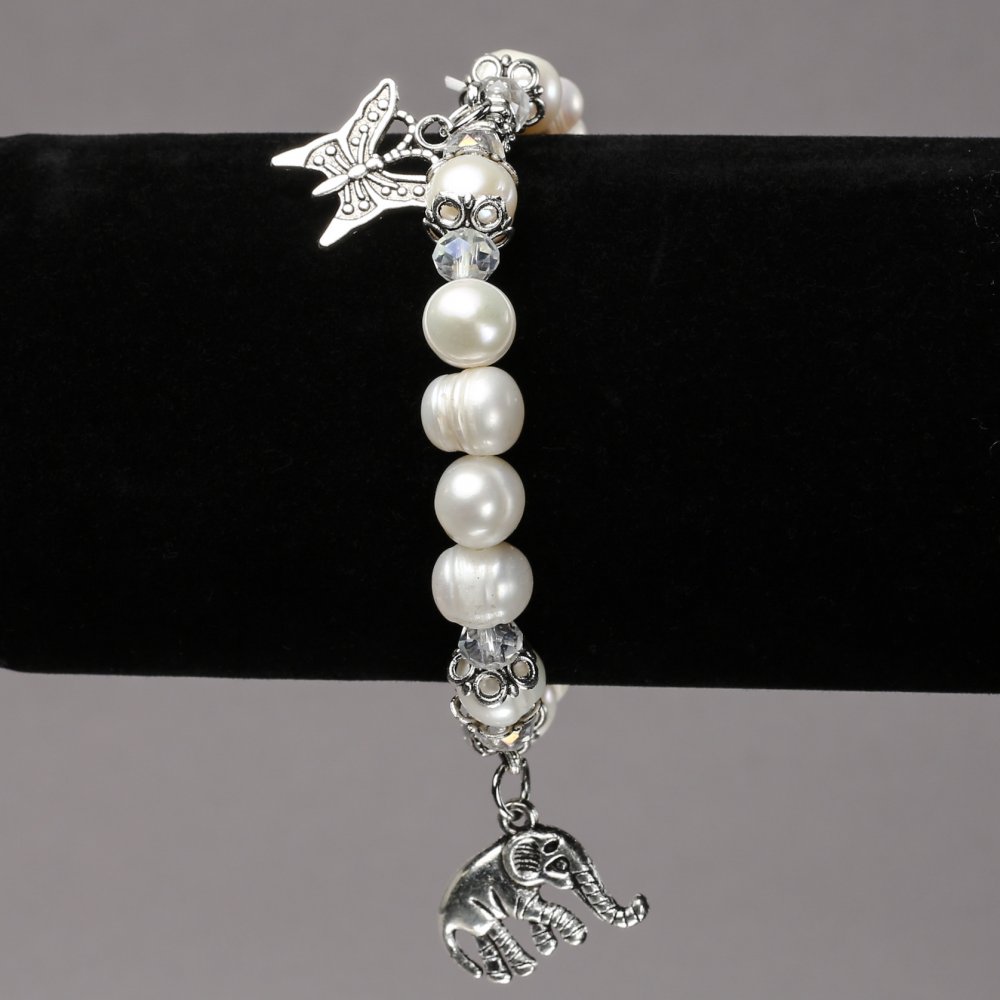 Stretch bracelet with freshwater pearls, glass elements and pendants, 8mm diameter ±, length 18cm ±