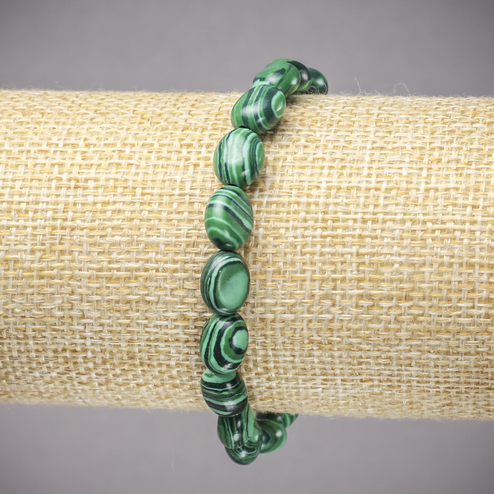 Malachite Elastic Bracelet, Smooth Oval Beads, 10×8 mm, length 18 cm ±