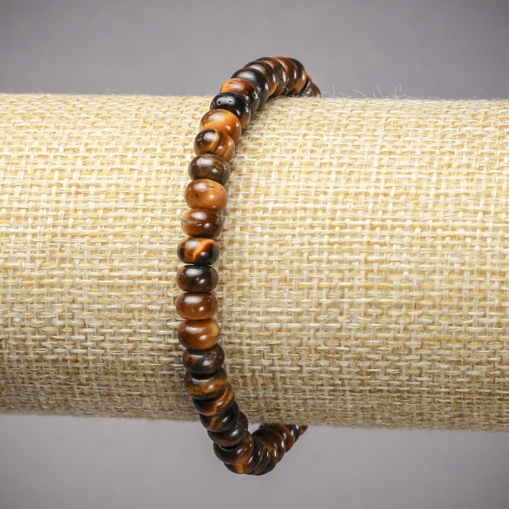 Elastic bracelet with natural Tiger's Eye stone, smooth rondel beads, diameter 6x4 mm, length 18 cm