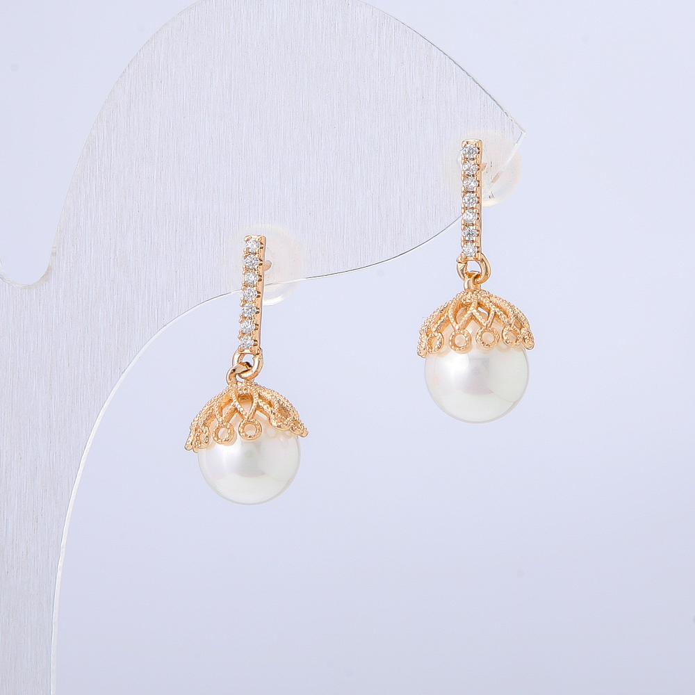 Xuping Earrings, 18K Gold Plating with White Crystals and Bead, Length 22 mm +