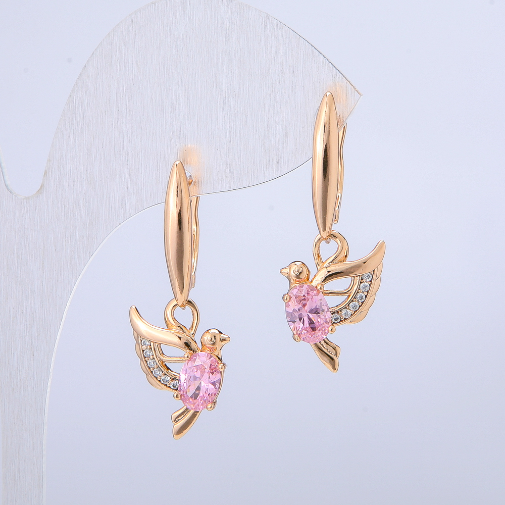 Earrings 'Birds' Xuping with 18K Gold Plating, white crystals and pink crystals, diameter 32x12mm +