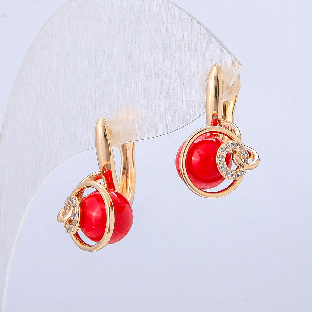 Earrings Xuping 18K Gold Plated with White Crystals and Red Bead, Diameter 18x10 mm +