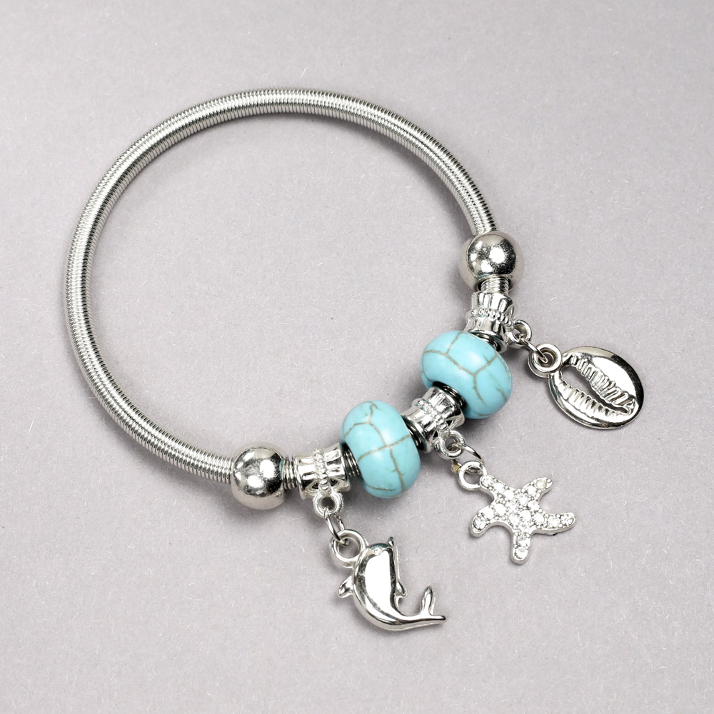Pandora bracelet with turquoise beads (synthetic), beads diameter 14×8 mm ± and charms with white crystals