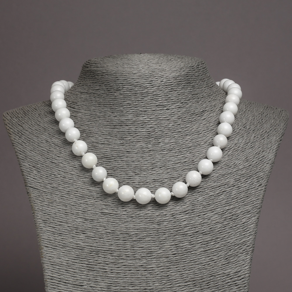White Agate Necklace (Pressed) - Smooth Beads, 10mm Diameter, 48cm Length