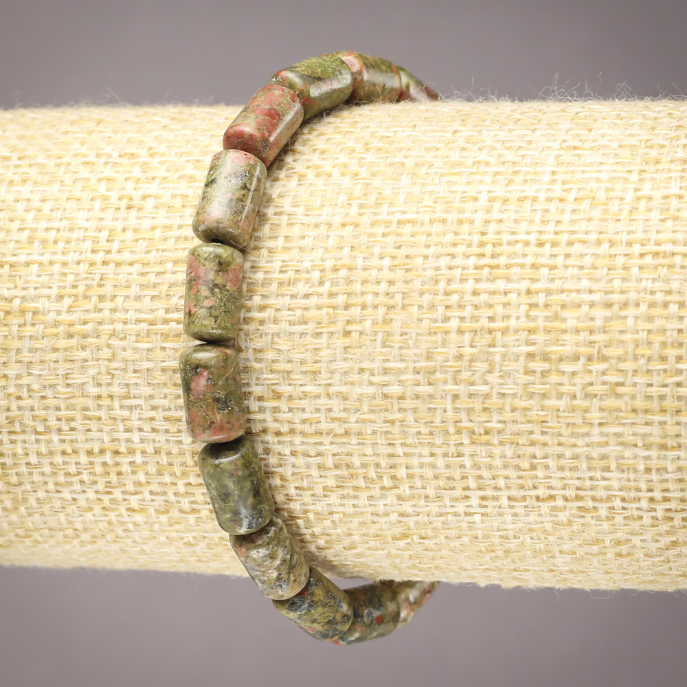 Elastic bracelet with natural stones: Jasper, Heliotrope, and Unakite, smooth cylindrical beads, diameter 10x6 mm