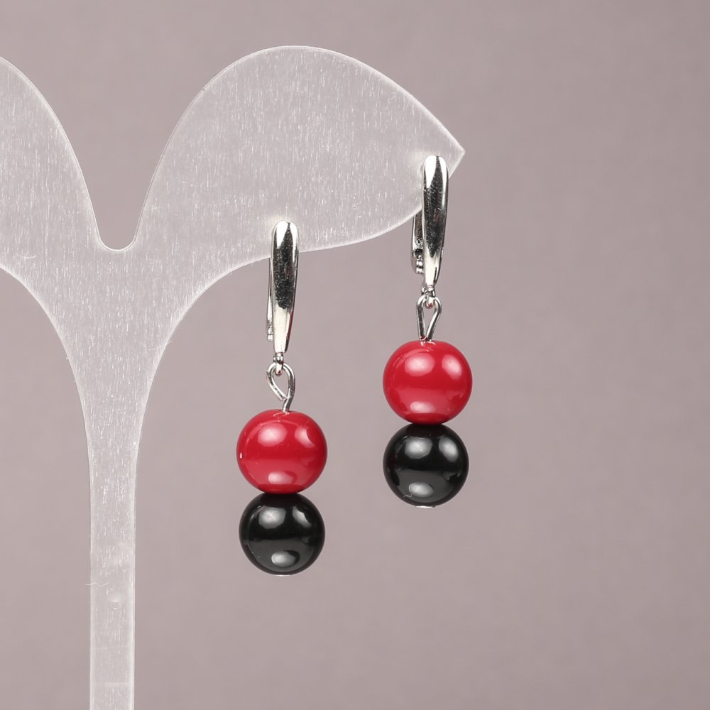Earrings with Coral (artificial) and Agate (pressed) — smooth beads, 10 mm diameter, about 40 mm long