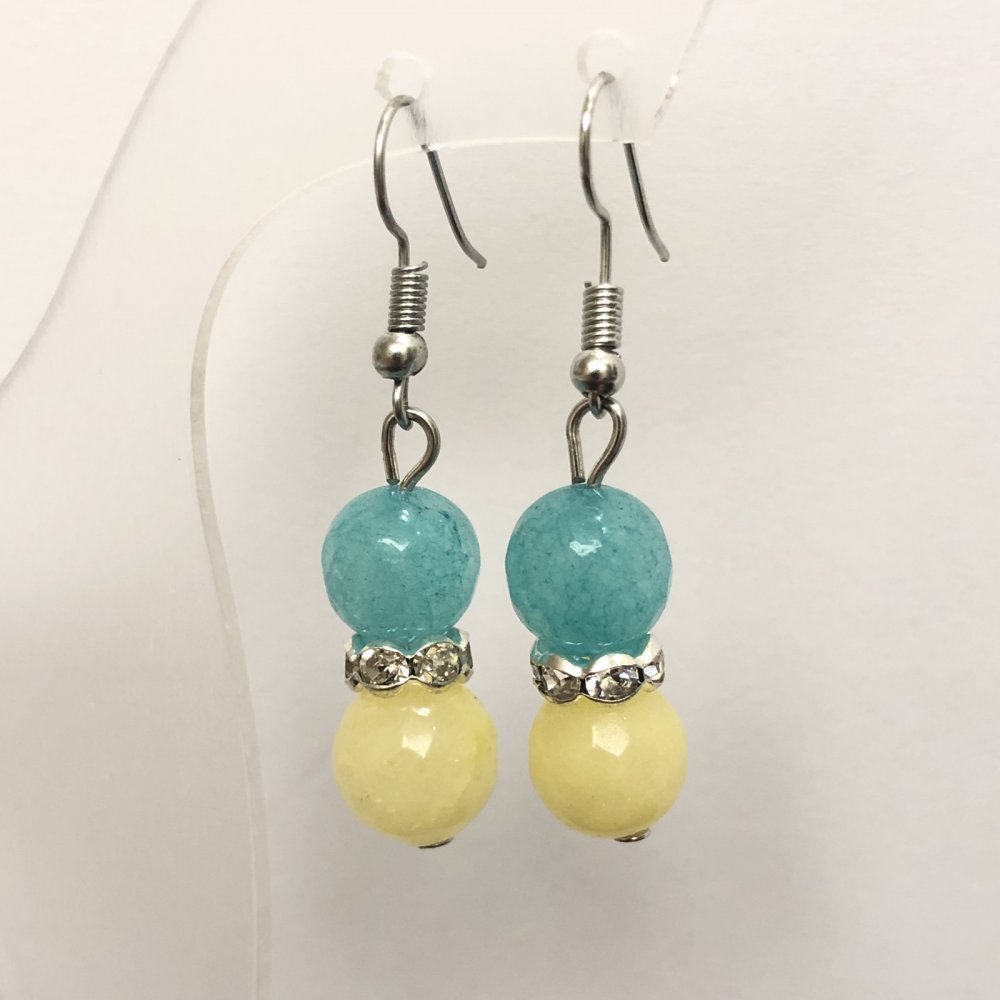 Earrings with Natural Aquamarine and Citrine Stones with White Crystals, Faceted Bead, Diameter About 10 mm, Length 46 mm