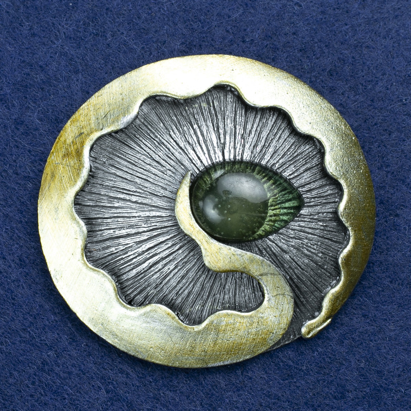 Brooch 'Element' — silvery metal with enamel and a drop, 52×45 mm +