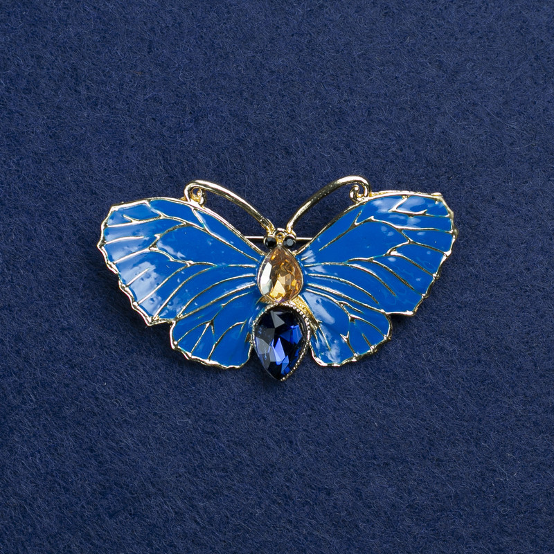 Butterfly Brooch in Golden Metal, Enamel and Crystals, 50x27 mm +