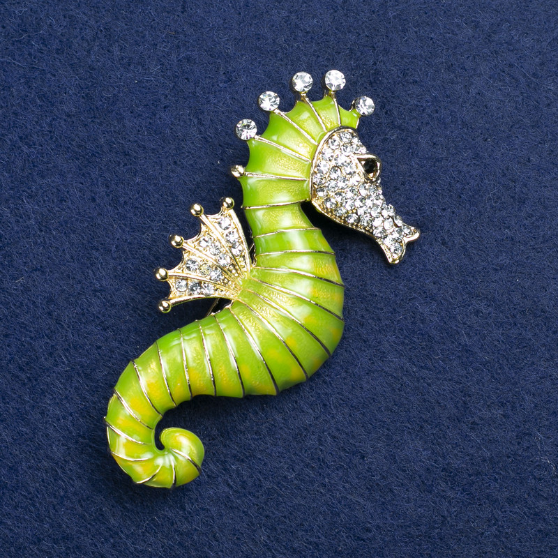 Seahorse Brooch gold-tone metal, enamel and rhinestones 30x64mm +