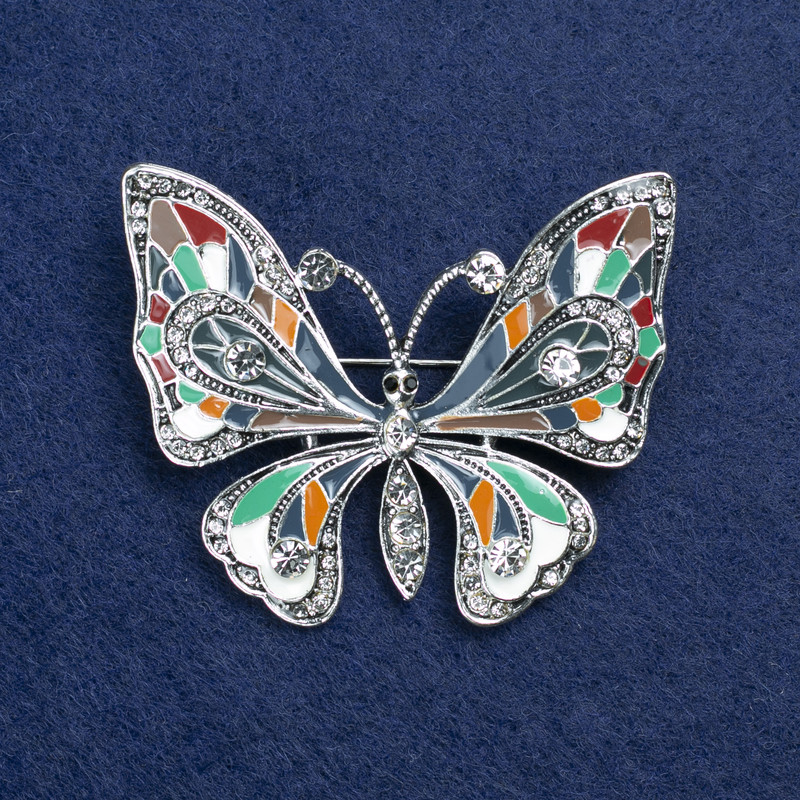 Brooch 'Butterfly' in silver-colored metal, enamel and crystals 54x45 mm +