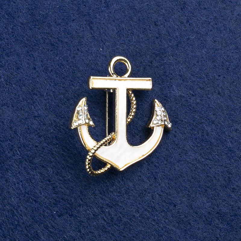 Anchor brooch in gold-tone metal, with mother-of-pearl and crystals, 30x28 mm +