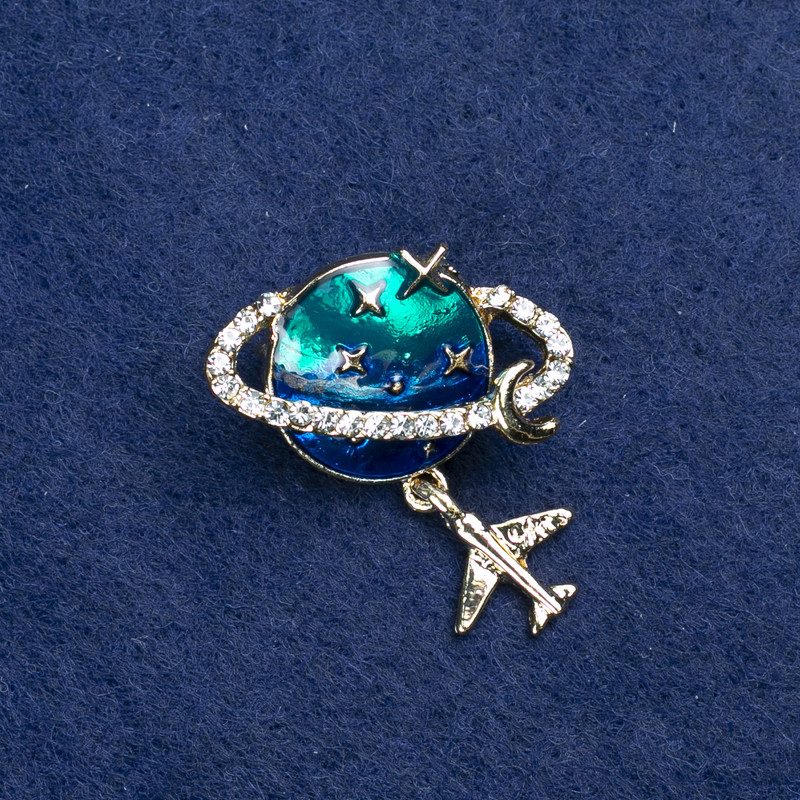 Brooch Planet - gold-tone metal, enamel and crystals, 27×30 mm +