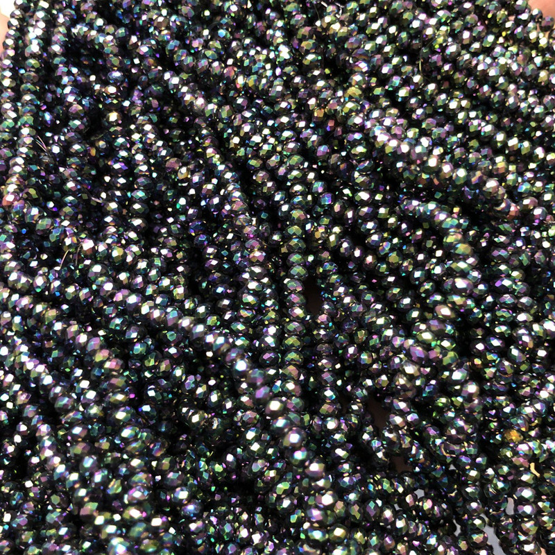 Czech Crystal Beads on Fishing Line with Gasoline-Effect Coating, Faceted Rondel, Diameter 3x2.5 mm, Length 36 cm