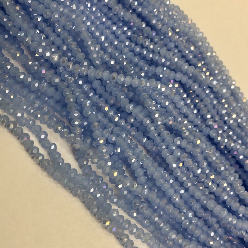 Beads Czech Crystal on beading thread, cornflower blue matte with petrol sheen, faceted rondel, diameter 3×2.5 mm + -, length 36-38 cm +