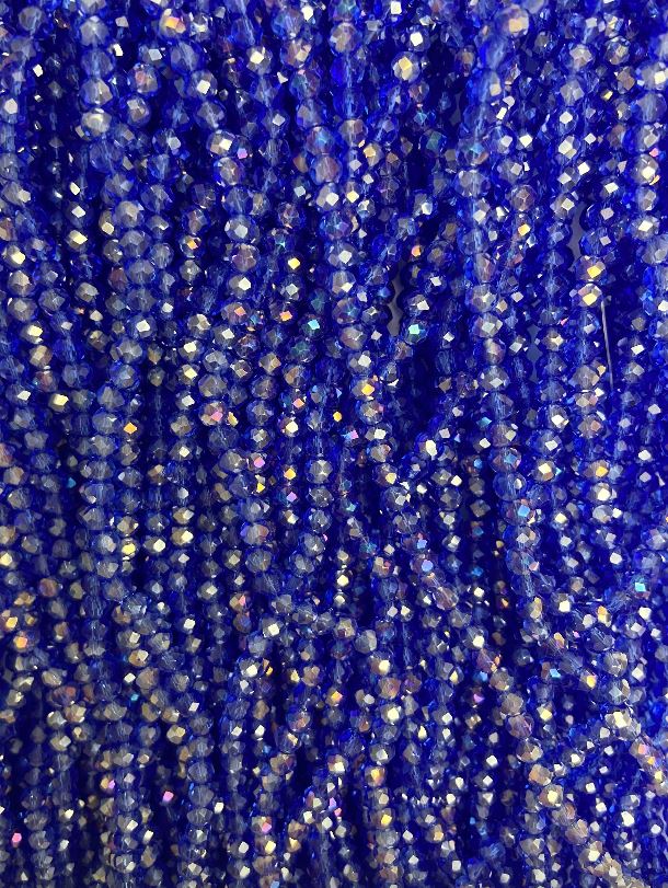 Blue Transparent Czech Crystal Beads on Thread, Gasoline Finish, Faceted Rondelle, Diameter 3.5×3 mm, Length 36 cm