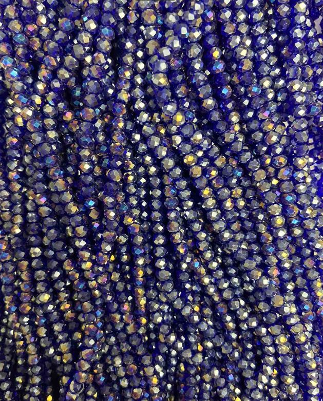 Blue Czech Crystal Beads on Thread with Gasoline Finish, Faceted Rondelle, Diameter 3.5x3 mm, Length 33 cm