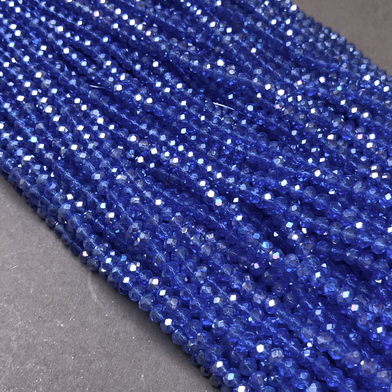 Czech Crystal Beads on Thread, Blue Transparent with Gasoline Sheen, Faceted Rondelle, Diameter 3.5×3 mm, Length 36–38 cm