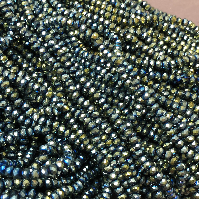 Намистини Чеський Кришталь на волосіні сіро-зелене напилення з бензином гранований рондель, діаметр 3, 5х3мм + -, довжина 36-38см +