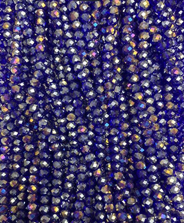 Czech Crystal Beads on Thread, Blue with Gasoline Coating, Faceted Rondelle, 6x5 mm, Length 40-43 cm