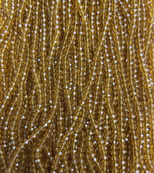 Amber Transparent Czech Crystal Beads on Thread, Faceted Rondelle, Diameter 3.5×3 mm, Length 33 cm