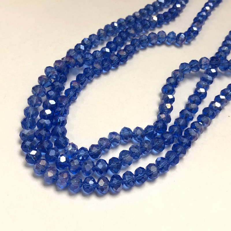 Blue Transparent Czech Crystal Beads on Thread - Faceted Rondelle, 8×6 mm, length 40–42 cm