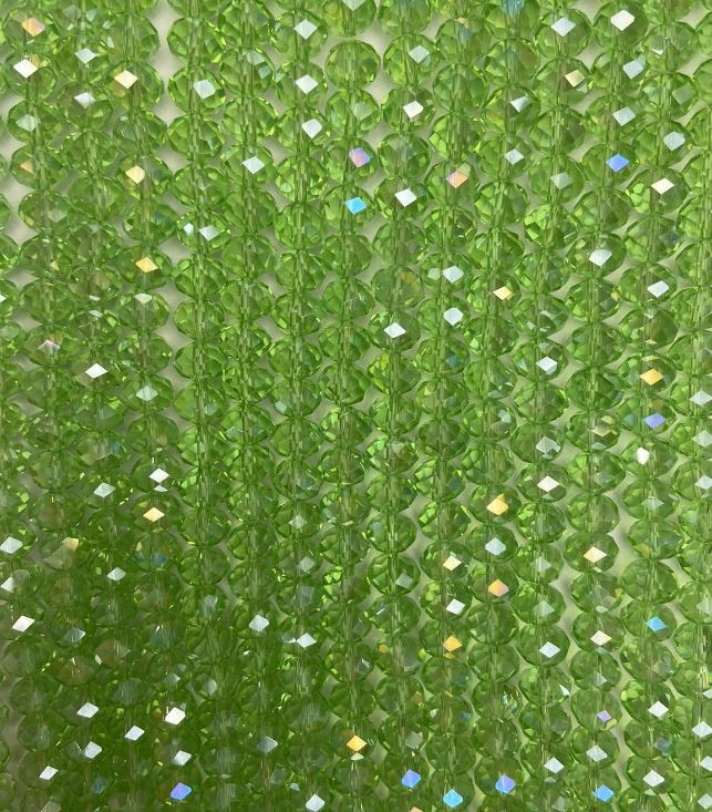 Beads Czech crystal on fishing line light-green transparent with petrol finish faceted rondelle, diameter 8x6.5 mm + -, length 40-4