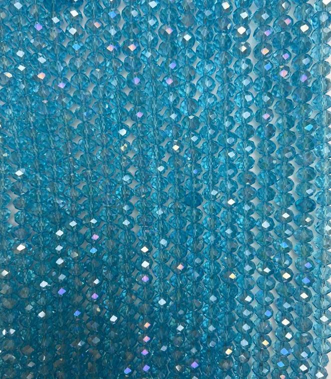 Blue Transparent Czech Crystal Beads on Thread, Gasoline-Coated, Faceted Rondelle, 8x6 mm, Length 40 cm