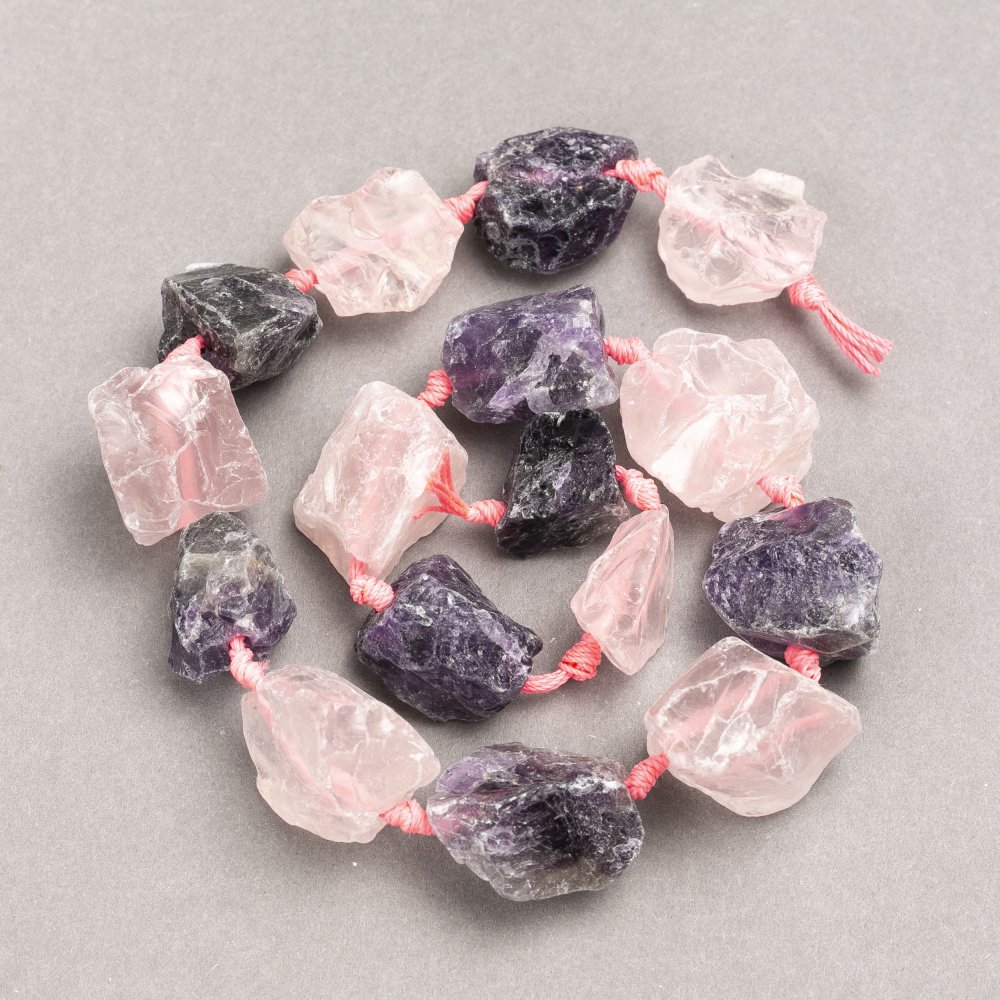Beads of rough stone Assortment Amethyst + Pink Quartz, thread-ready gal'tivka, diameter 20×25 (±) mm, length 42 cm