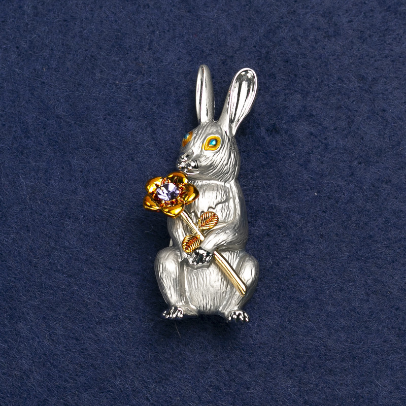 Brooch Bunny with Flower, Silvery Metal, Enamel and Crystals, 50x22mm +