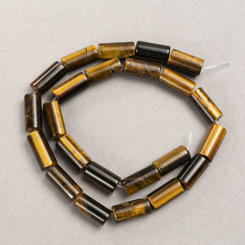 Tiger's eye cylindrical beads on a natural stone thread, diameter 8×17 mm, length 39 cm