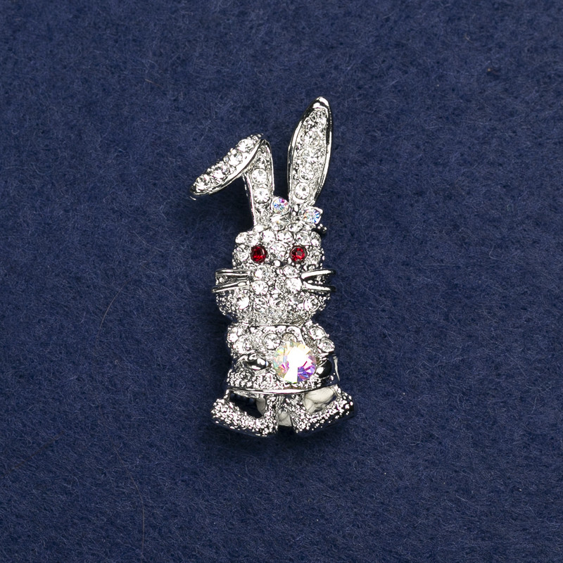 Brooch Bunny, silver-toned metal and rhinestones, 42×19 mm +