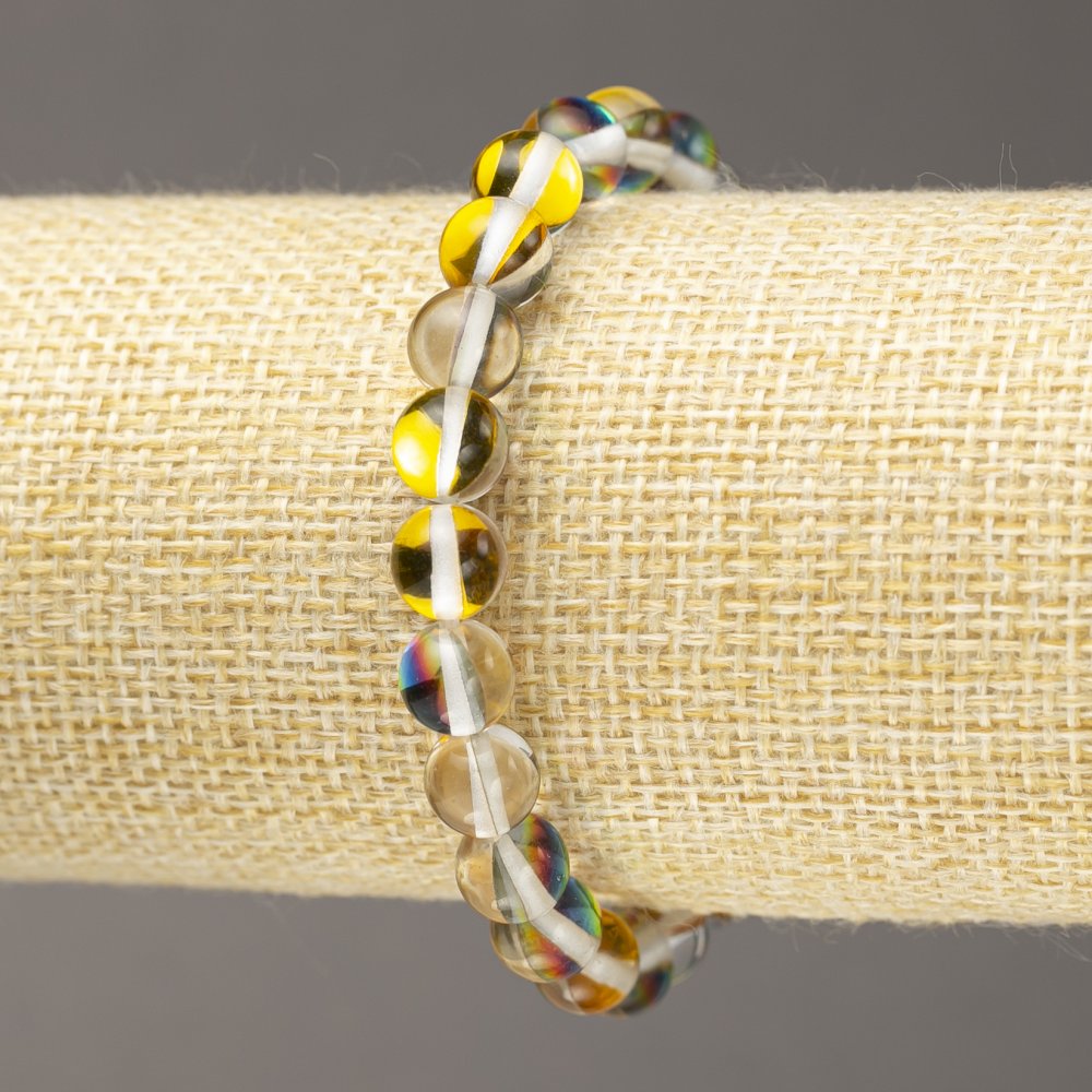 Elastic bracelet with opal glass 'Yellow Chameleon' smooth beads, 8 mm diameter, 18 cm length