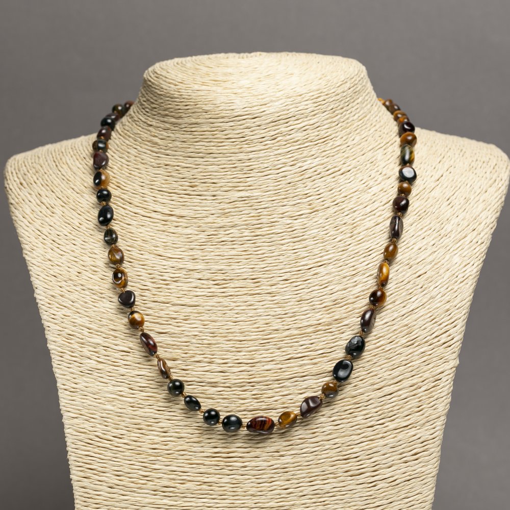 Necklace of natural stones: Tiger's Eye, Falcon's Eye, Bull's Eye, faceted beads, 8×6 mm +/-, length 45 cm+