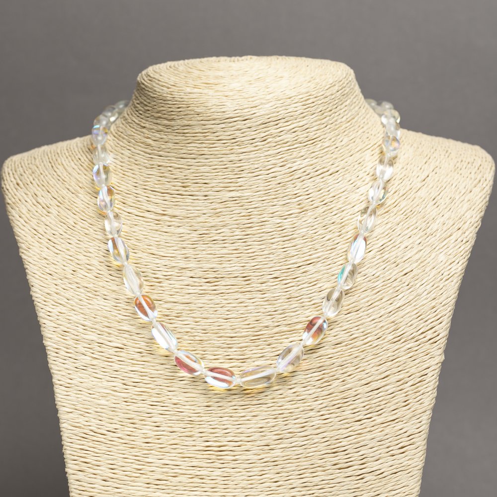 Opal glass necklace, White Chameleon, faceted beads, 10x7 mm, length 45 cm