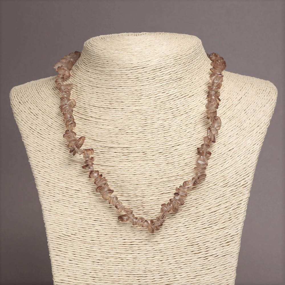 Necklace of natural smoky quartz chip beads, 6-8 mm diameter, 45 cm length on extender chain