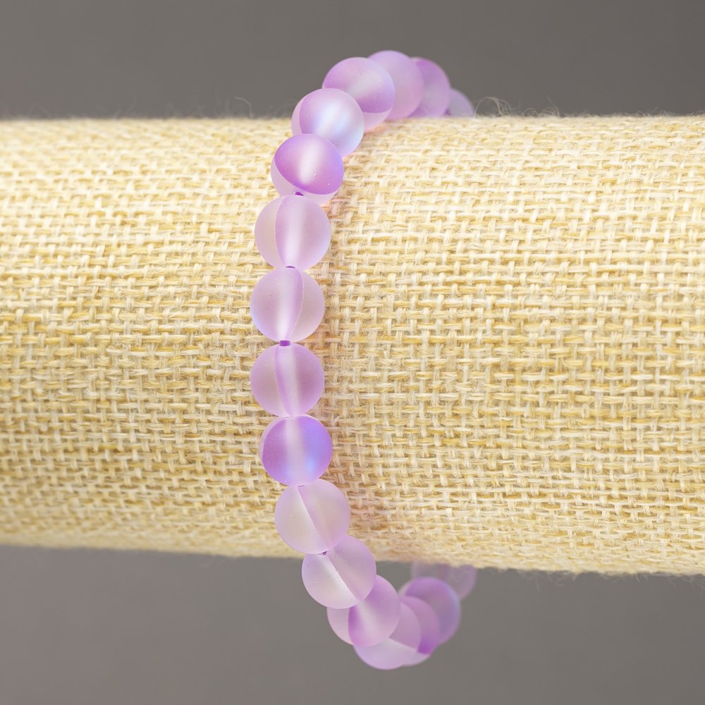 Elastic bracelet with opal glass, matte lilac smooth beads, 8 mm diameter, 18 cm length