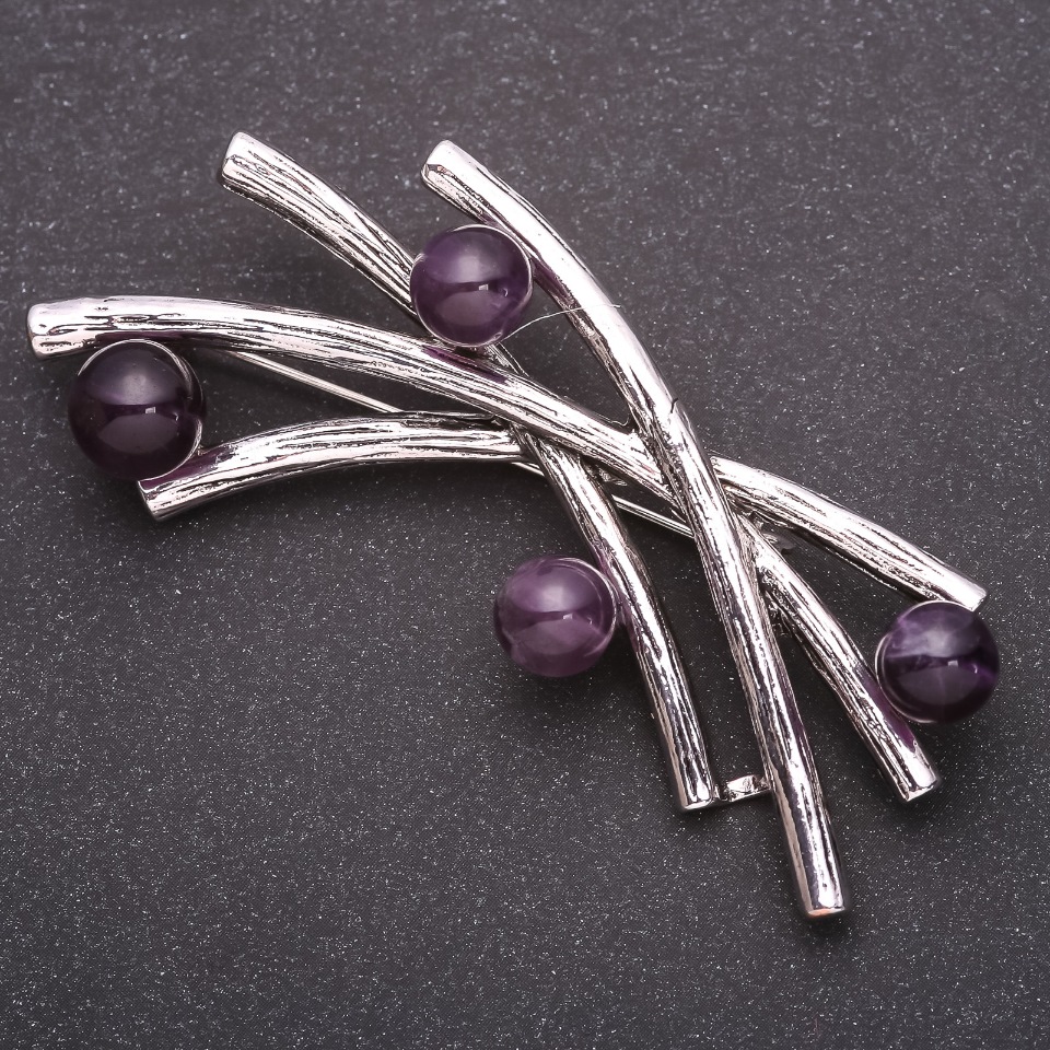 Brooch Sprigs with Amethyst 73x30mm Gray Metal